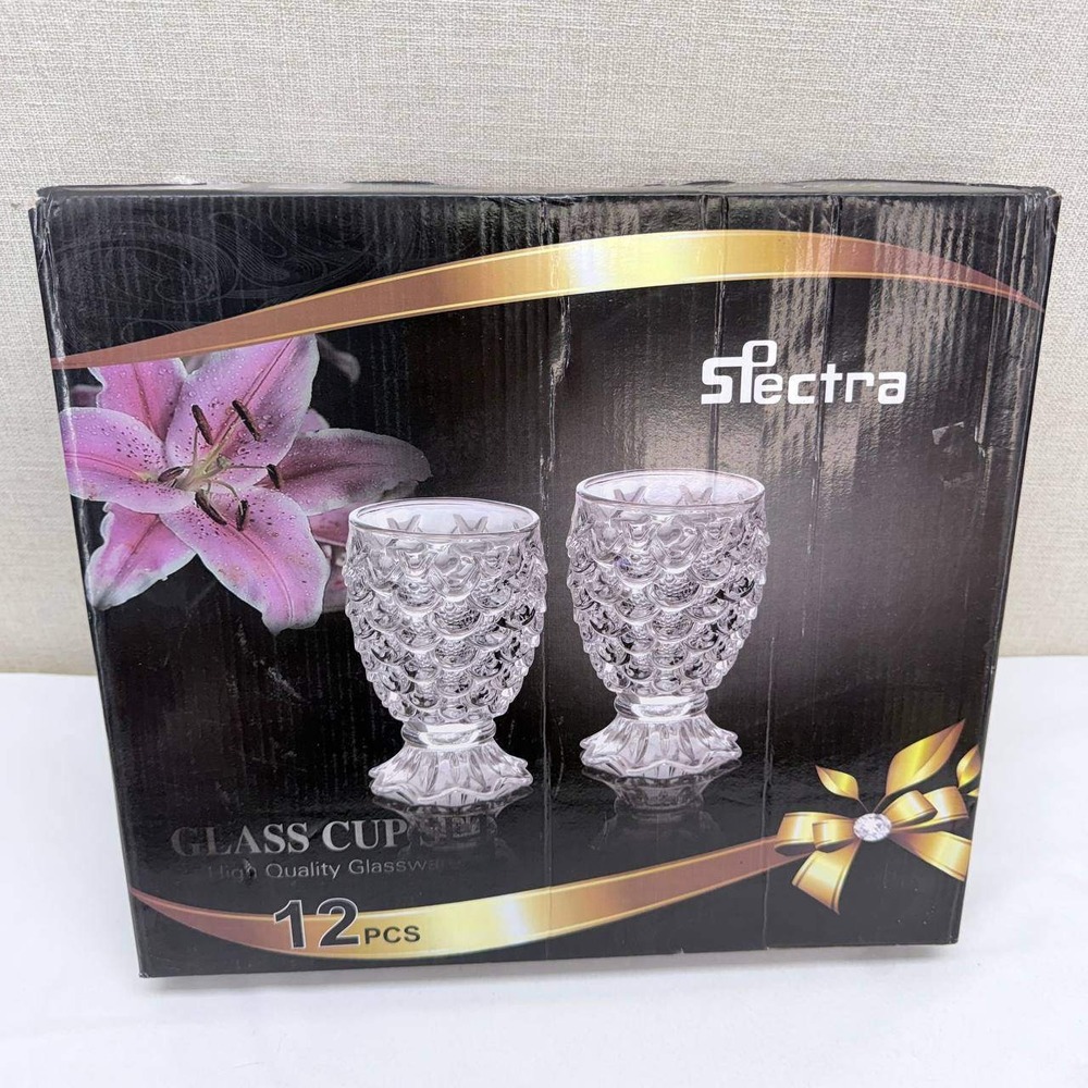 Spectra Glass Cup Set 12 Piece Clear Textured Scale Pattern Footed Glassware